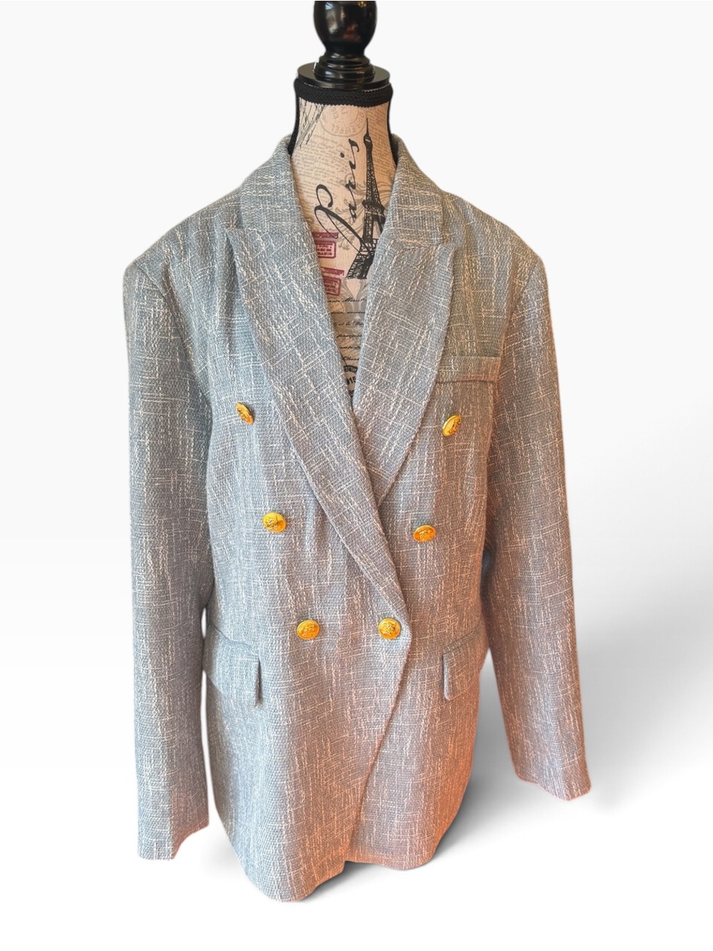 Light Blue & White Tweed Double Breasted Gold Button Blazer Size 2XL